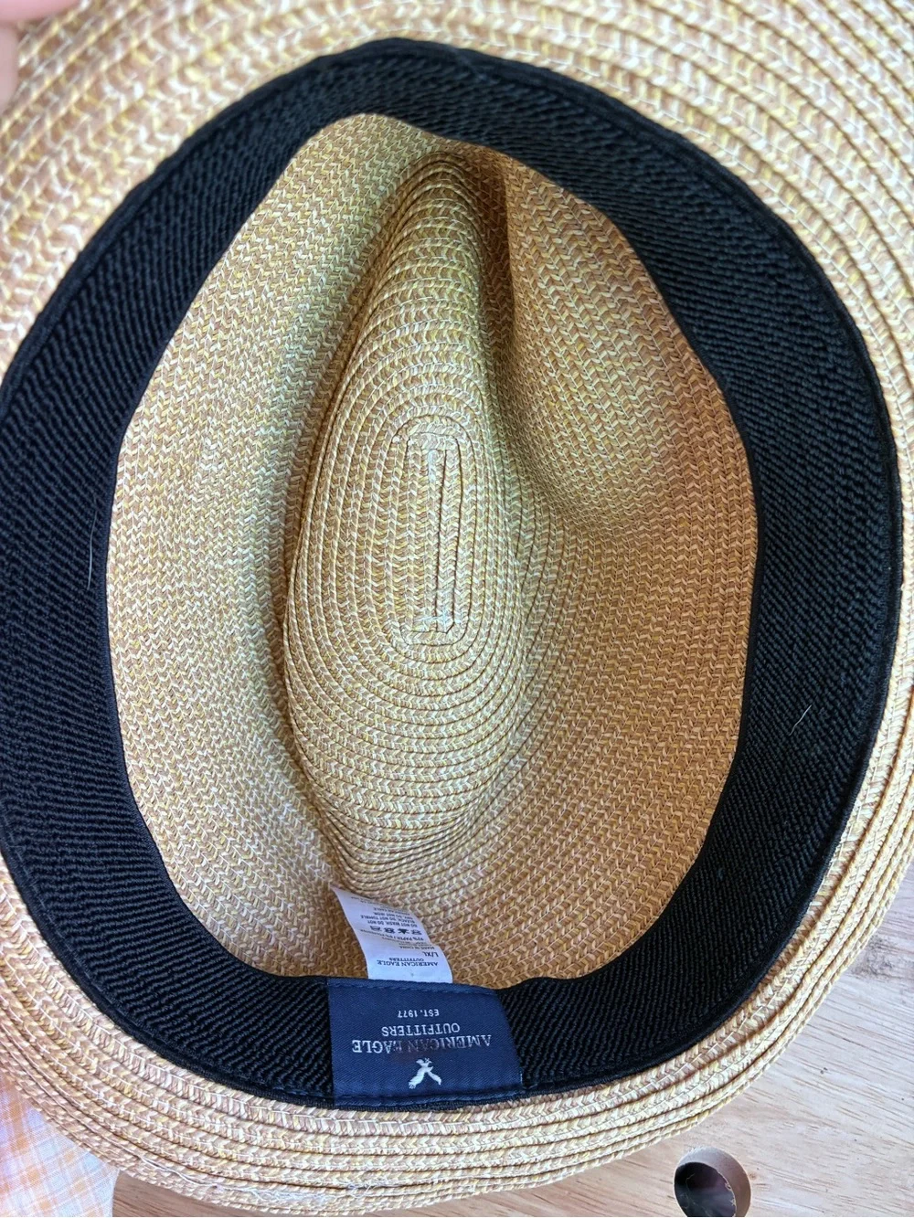 American Eagle Woven Straw Fedora Trilby Hat Navy Leaf Band L/XL Vacation Tropic